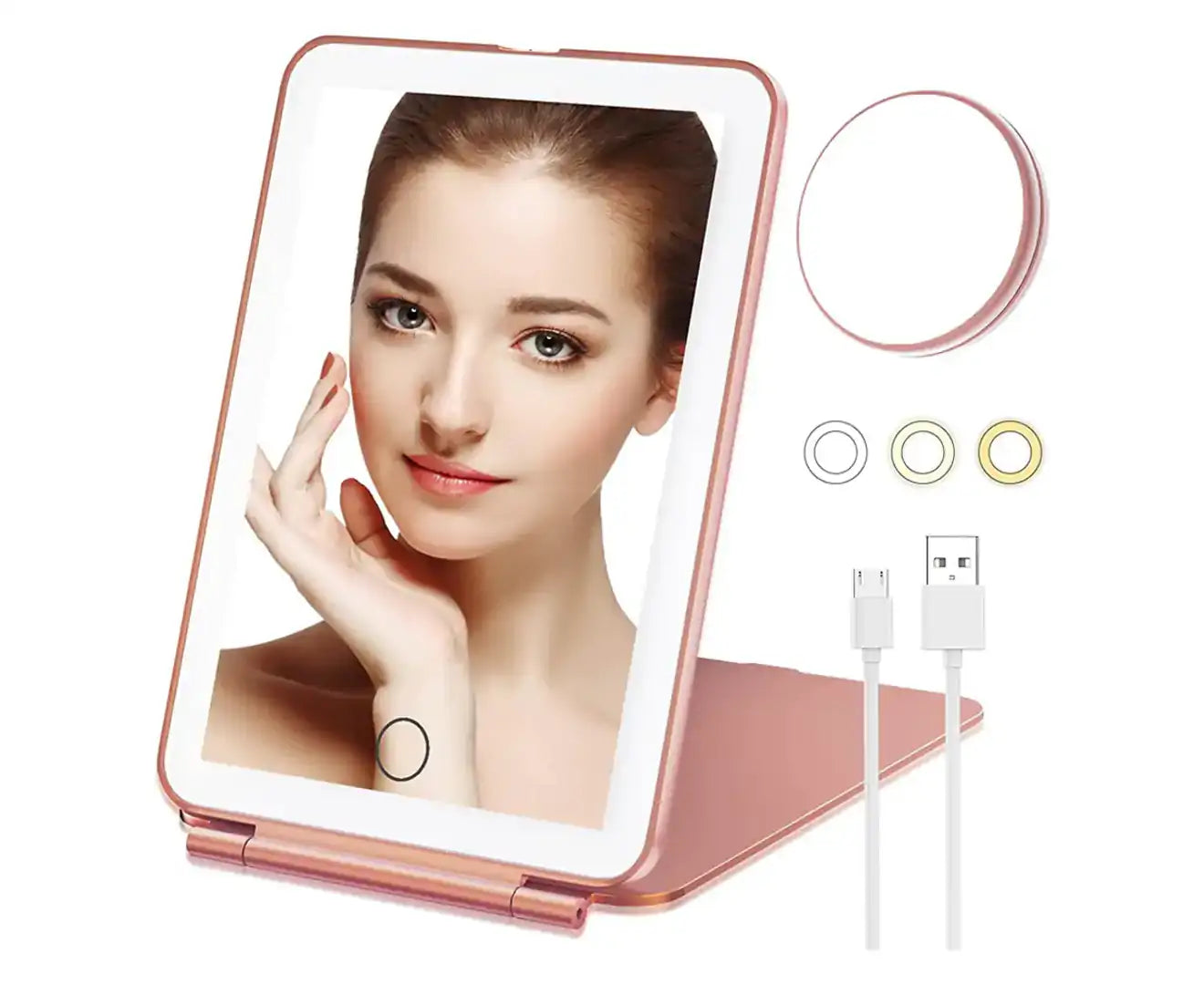 Touch Screen Makeup Mirror 10X Magnifying USB Rechargeable Cosmetic Mirror Portable Make up Mirrors - Rose Gold