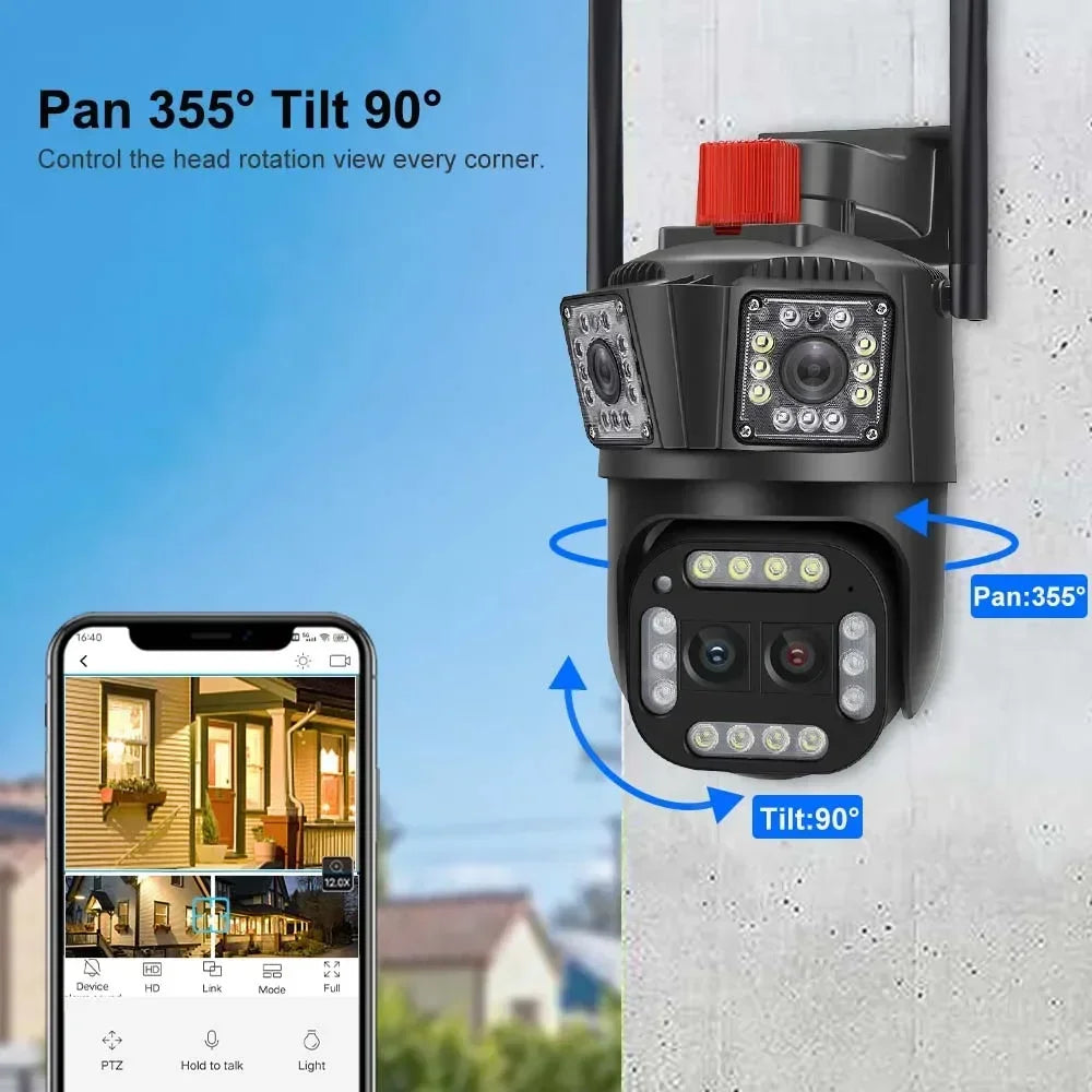 16MP 8K HD Wifi Camera Outdoor 12X Zoom Four Lens Three Screen Auto Tracking Security Protection 4K PTZ Video Surveillance CCTV