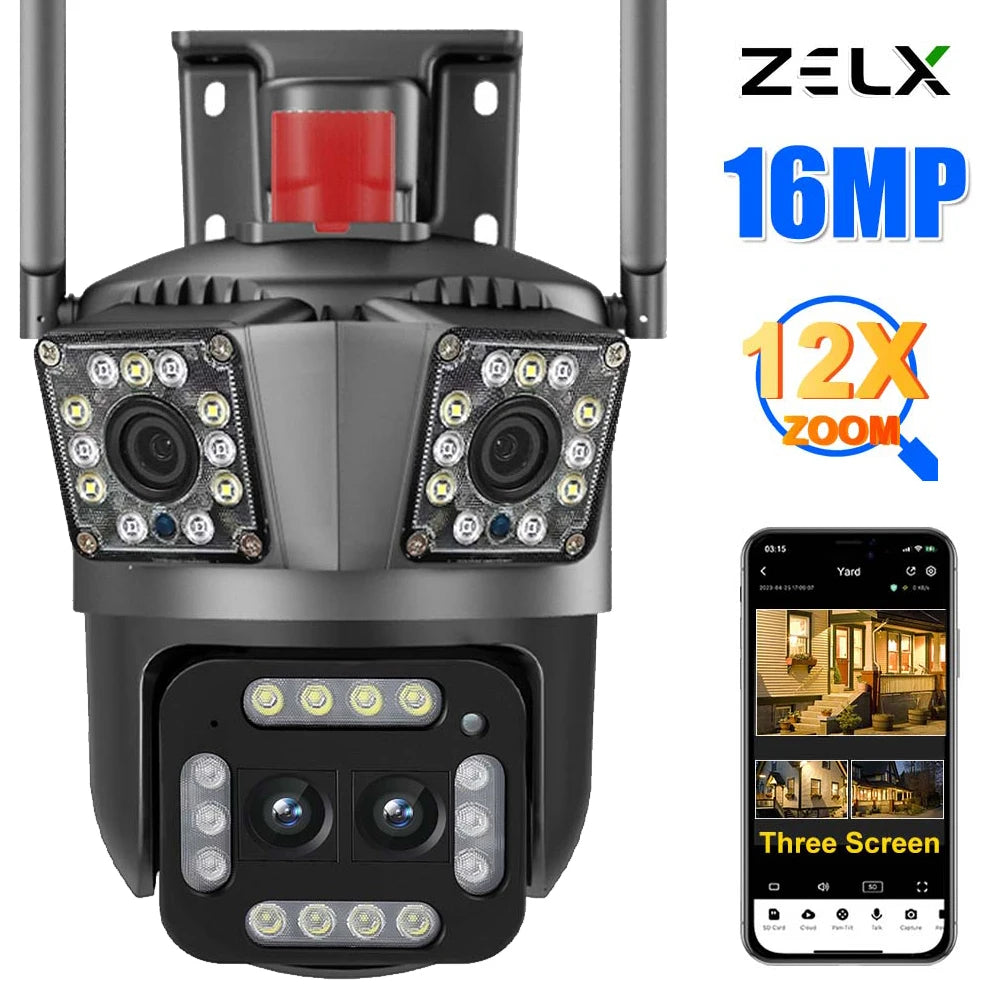 16MP 8K HD Wifi Camera Outdoor 12X Zoom Four Lens Three Screen Auto Tracking Security Protection 4K PTZ Video Surveillance CCTV