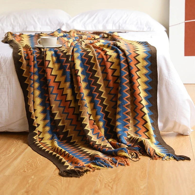 Boho Throw Blankets Cozy Knitted Tassel Blankets Bohemian Striped Textured Decorative Blankets for Couch Bed Sofa Outdoor Travel
