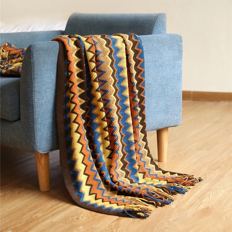 Boho Throw Blankets Cozy Knitted Tassel Blankets Bohemian Striped Textured Decorative Blankets for Couch Bed Sofa Outdoor Travel