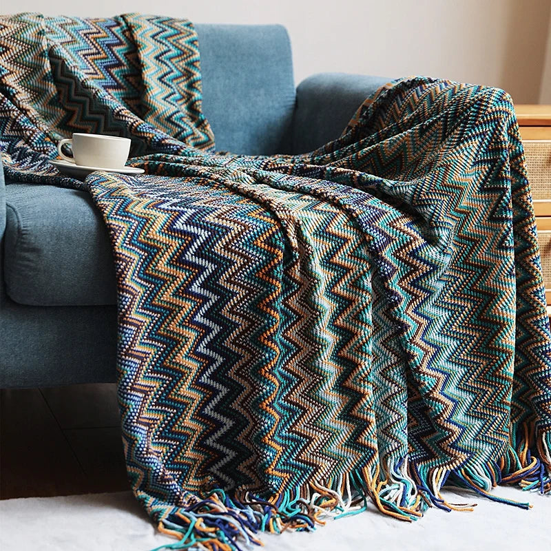 Boho Throw Blankets Cozy Knitted Tassel Blankets Bohemian Striped Textured Decorative Blankets for Couch Bed Sofa Outdoor Travel