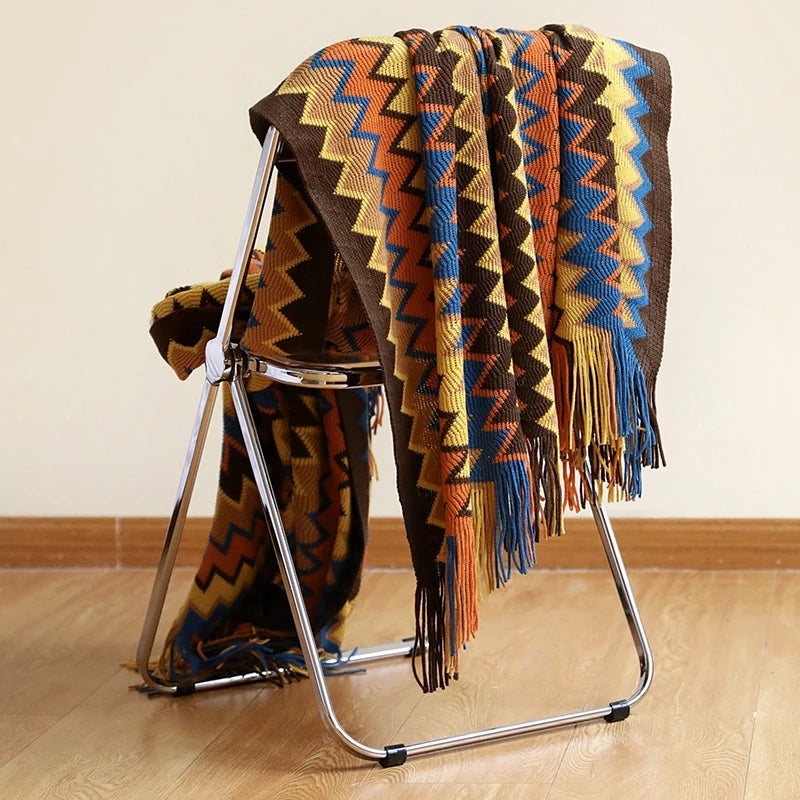 Boho Throw Blankets Cozy Knitted Tassel Blankets Bohemian Striped Textured Decorative Blankets for Couch Bed Sofa Outdoor Travel