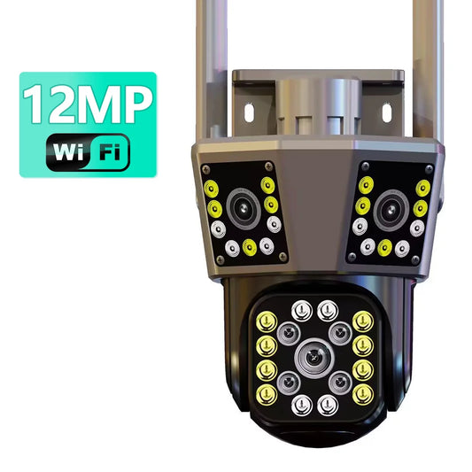 16MP 8K HD Wifi Camera Outdoor 12X Zoom Four Lens Three Screen Auto Tracking Security Protection 4K PTZ Video Surveillance CCTV
