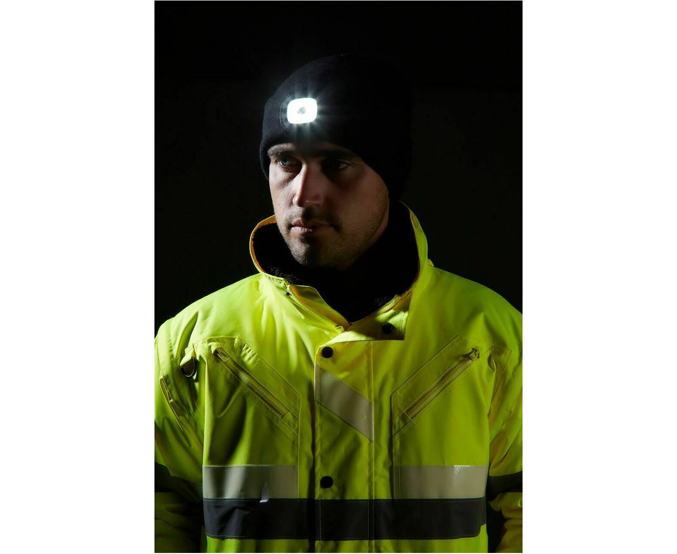 Beanie with LED Head Light USB Rechargeable Camping Cycling Workwear Hat - Hi Vis Orange