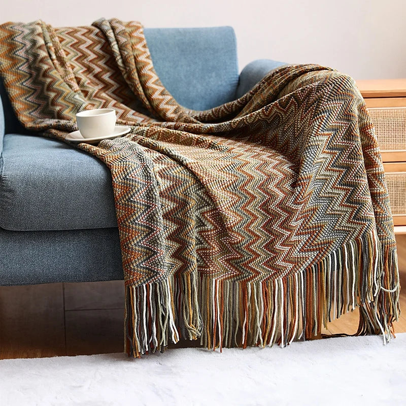 Boho Throw Blankets Cozy Knitted Tassel Blankets Bohemian Striped Textured Decorative Blankets for Couch Bed Sofa Outdoor Travel