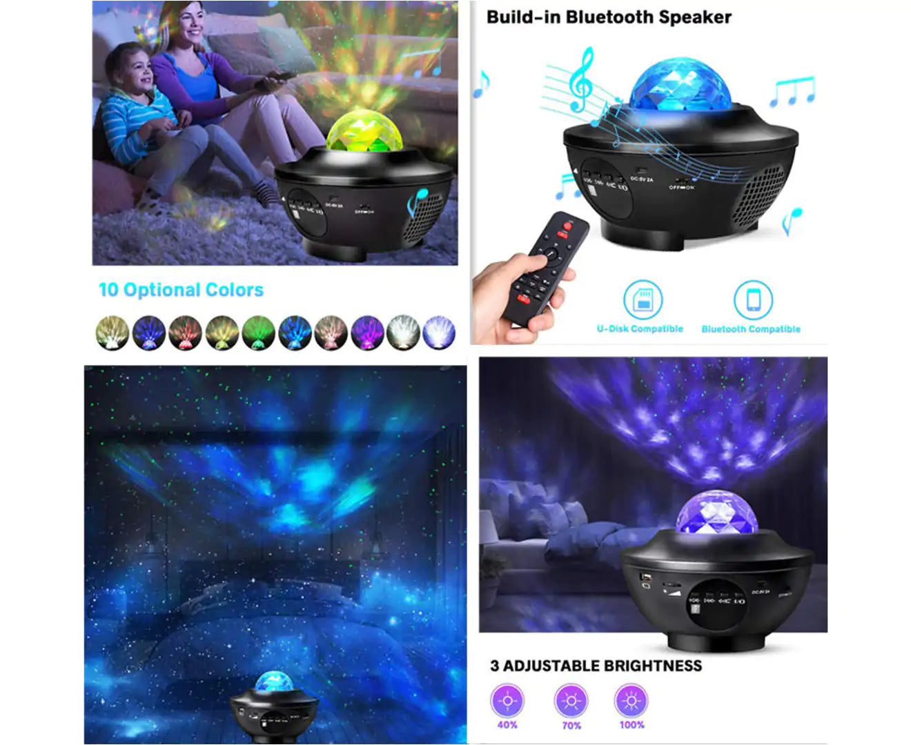 3 in 1 Galaxy Projector with LED Nebula Cloud/Moving Ocean Wave Night Light for Kid Baby, Built-In Music Speaker Voice Control